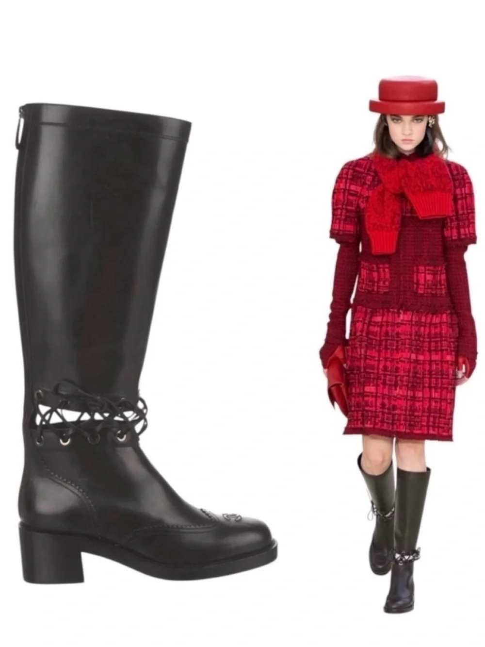 CHANEL Lagerfeld Fall 2016 Black Leather Knee High Laced Equestrian Riding Boot
